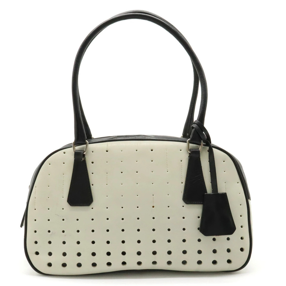 Prada Bowling Bag Shoulder Perforated Leather Off White Black
